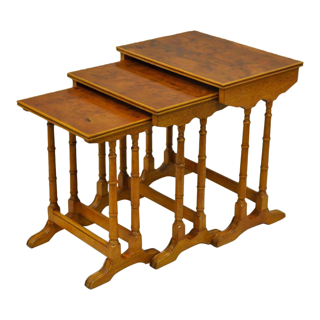 Set of 3 Vintage Yew Wood Birdseye Nesting Side End Tables English Faux Bamboo Chairish