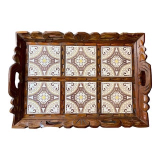Vintage Arts and Crafts Wooden Tile Serving Tray W/ Handles For Sale