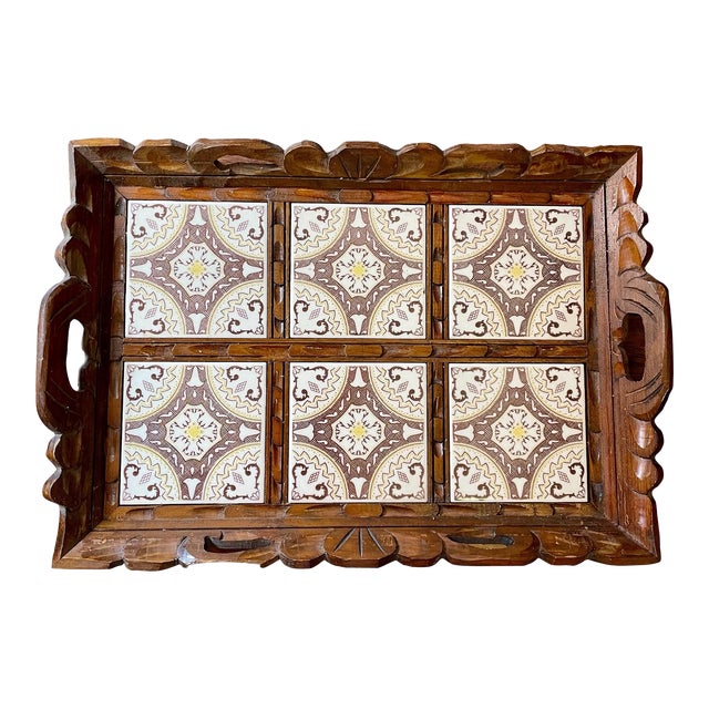 Vintage Arts and Crafts Wooden Tile Serving Tray W/ Handles For Sale