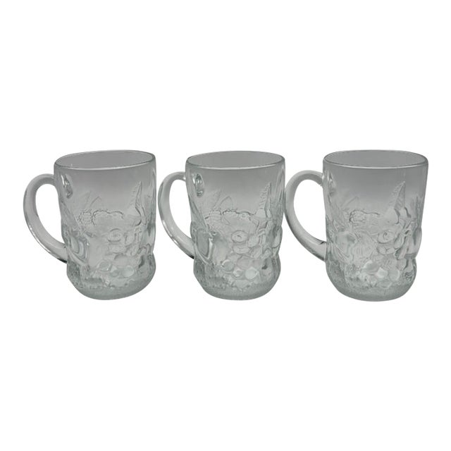 Vintage Arcoroc Gourmande Clear Pressed Glass Coffee Mugs, "Berry" Pattern, Set of 3 Mugs For Sale