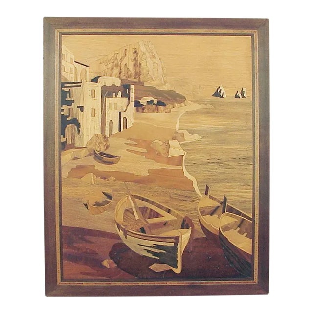 Vintage Marquetry Depiction of the Mediterranean Seaside with Fishing Boats For Sale