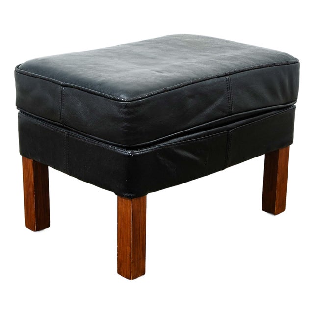 1960s Mid Century Danish Modern Ottoman Footstool Wood Black Leather Cushion MCM For Sale