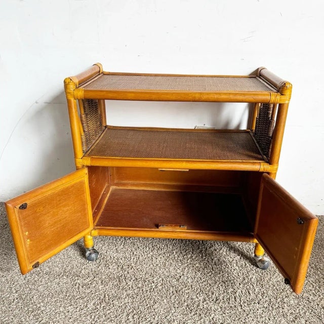 Boho Chic Bamboo Rattan and Wicker Bar Cart For Sale - Image 4 of 10