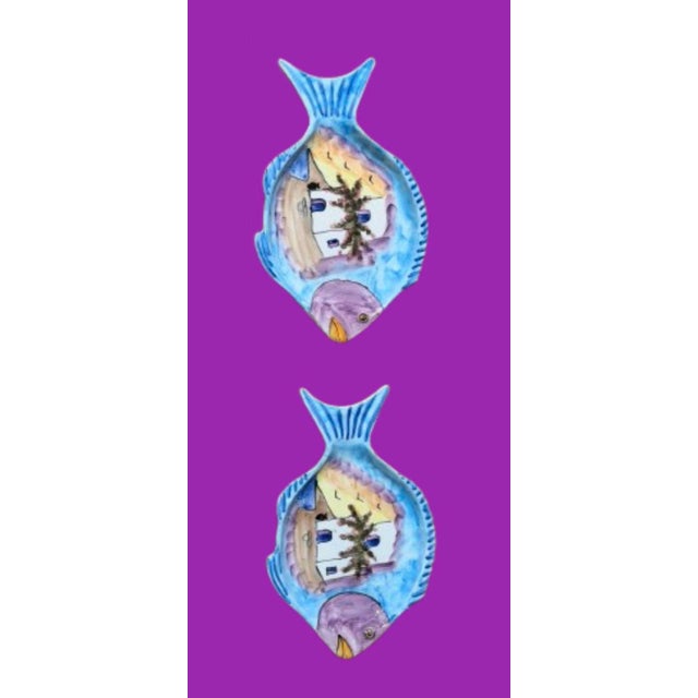 Late 20th Century Vintage Mediterranean Hand Painted Ceramic Fish Shaped Platters - A Pair For Sale - Image 5 of 11