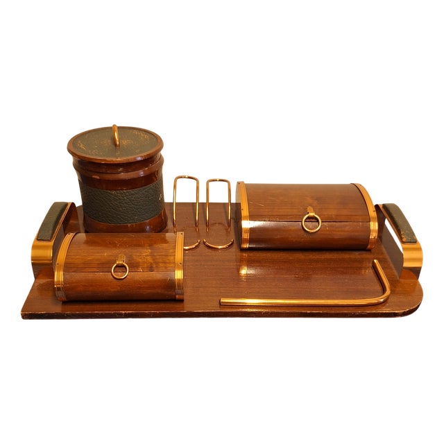 Art Deco Pipe Smoking Set with Walnut Tray, Handles and Lid in Green Leather with Copper Applications, 1930s For Sale