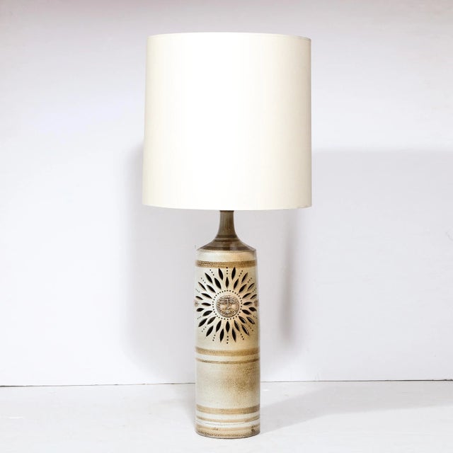 Mid-Century Modern Mid-Century Ceramic Hand Painted Floral Sun Motif Table Lamp by George Pelletier For Sale - Image 3 of 13