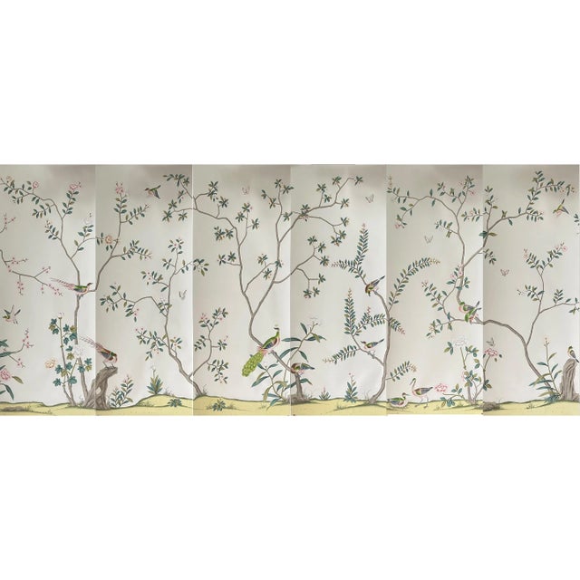 Chinoiserie Floral Hand Painted Wallpaper Mural Panel - 6 Panels For Sale