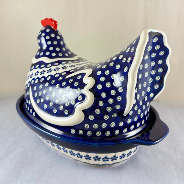 Contemporary Polish Pottery Hen Shaped Covered Baker by Zaklady Boleslawiec For Sale - Image 3 of 13