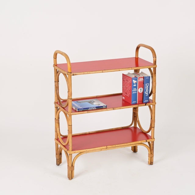 Italian Bookcase in Rattan and Red Laminate from Vivai del Sud, 1970s For Sale - Image 3 of 15