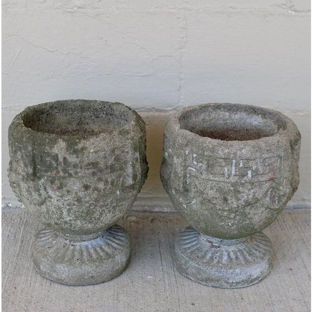 Vintage Neoclassical Cast Concrete Urn Planters With Greek Key & Grape Motif - A Pair For Sale - Image 4 of 15