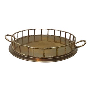 Vintage Round Brass Serving Tray With Bamboo-Style Gallery For Sale