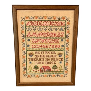 Vintage Framed Cross Stitch Sampler-Primitive-Folk Art-Needlework-Alphabet-Farm For Sale