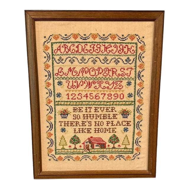 Vintage Framed Cross Stitch Sampler-Primitive-Folk Art-Needlework-Alphabet-Farm For Sale