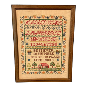 Vintage Framed Cross Stitch Sampler-Primitive-Folk Art-Needlework-Alphabet-Farm
