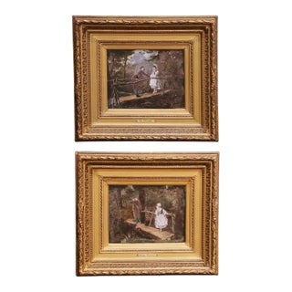 Pair of 19th Century French Pendant Genre Paintings on Board in Carved Frames For Sale