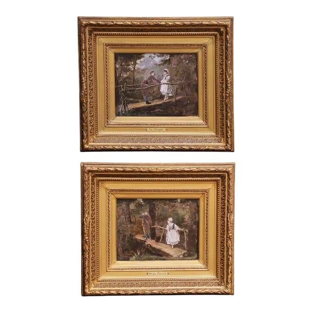 Pair of 19th Century French Pendant Genre Paintings on Board in Carved Frames For Sale