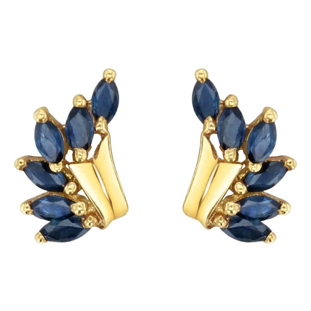 Marquise Sapphire Wing Style Earrings 14k Yellow Gold, 2 Pieces For Sale