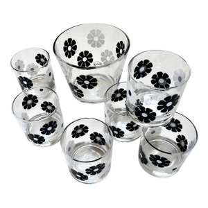 1960s Mod Daisy Mid-Century Cocktail Glasses & Matching Ice Bucket - Set of 7