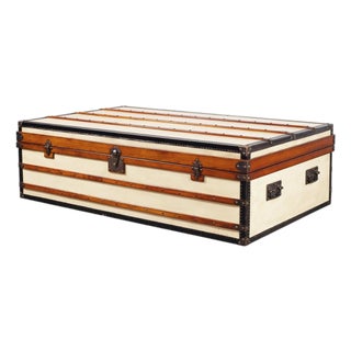 Monumental Canvas and Leather Steamer Trunk Coffee Table 5 Ft. For Sale