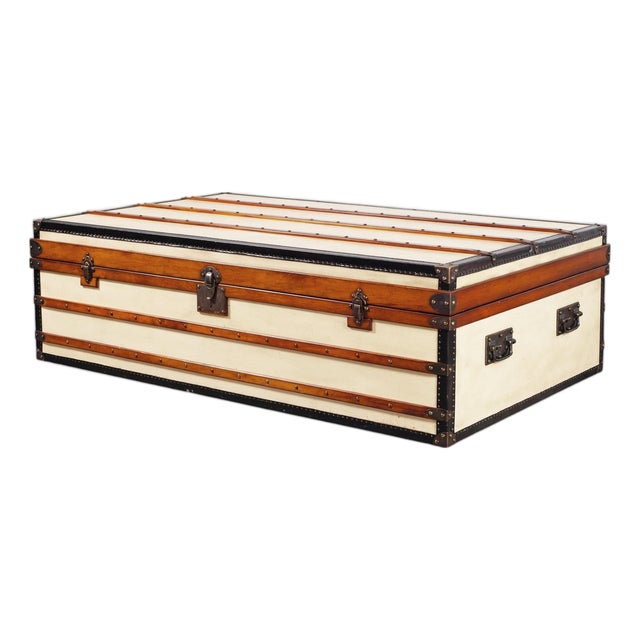 Monumental Canvas and Leather Steamer Trunk Coffee Table 5 Ft. For Sale