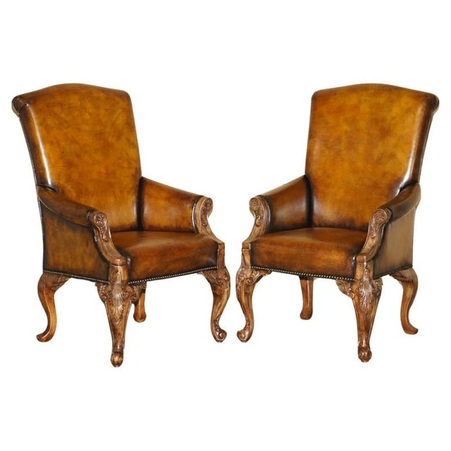 Pair of Antique Heavily Carved Hand Dyed Brown Leather Throne Armchairs For Sale - Image 10 of 18