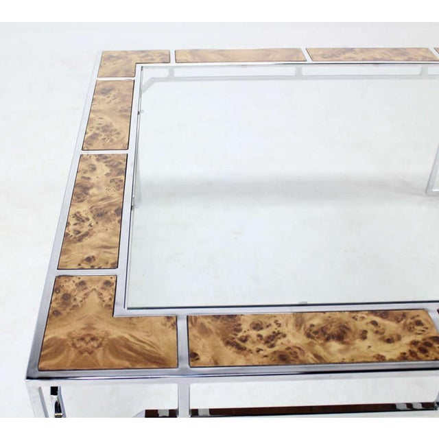1970s Mid Century Modern Chrome Glass Top Square Coffee Table w Burl Wood Inserts MINT For Sale - Image 5 of 10