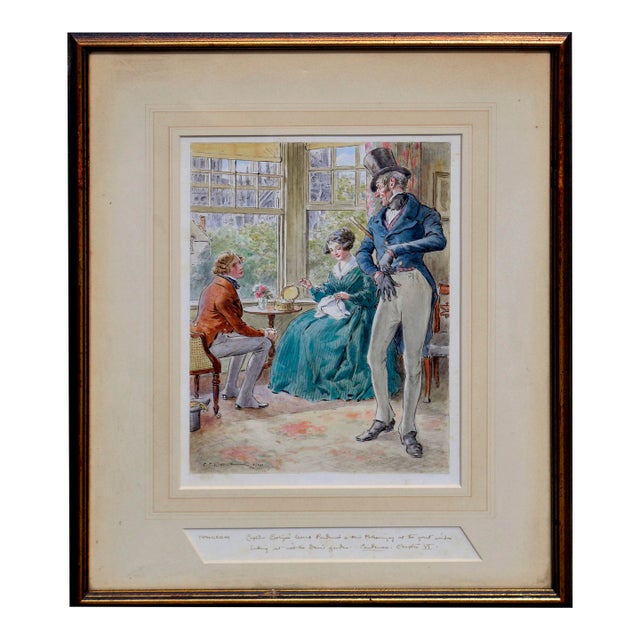 Rare Early 20th C. Watercolor -- Pendennis, Captain Costigan and Miss Fothering by Charles Edmund Brock For Sale