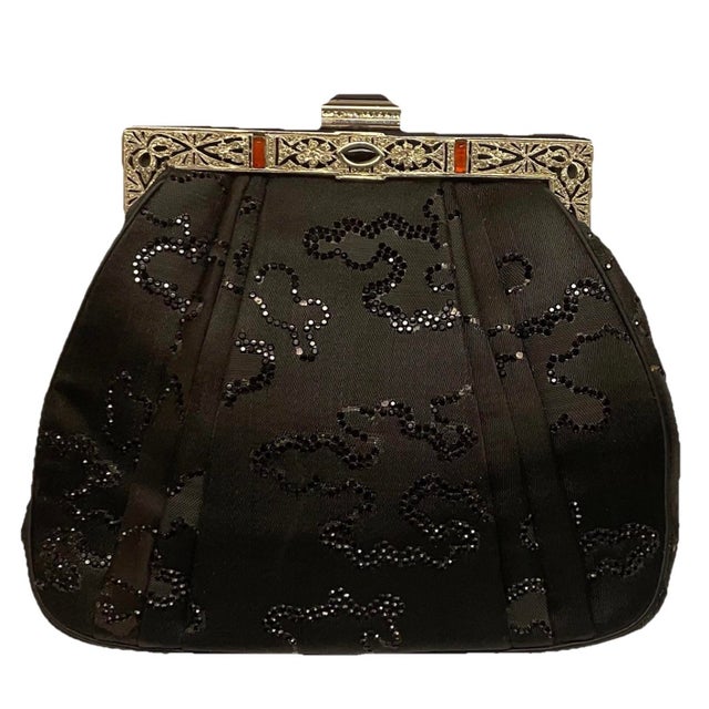 Judith Leiber 80s Art Deco Style Frame Embroidery Marcasite Style Gemstone Velvet Shoulder Clutch Evening Bag Vintage For Sale - Image 9 of 9
