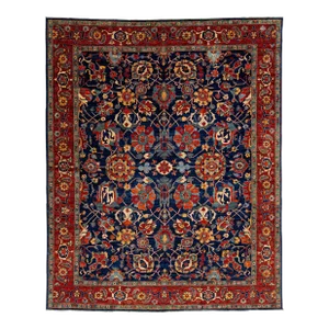 Navy Blue Modern Serapi Style Handmade Wool Rug With Allover Floral Motif