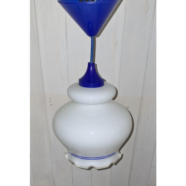 Vintage Pendant Lamp with White and Blue Glass Shade, 1990s For Sale - Image 6 of 7