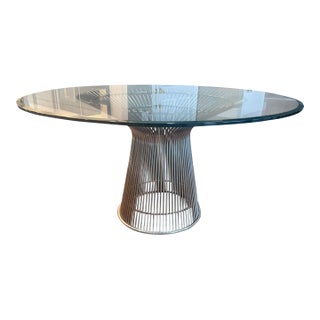 Late 20th Century Platner-Style 50” Round Glass Dining Table With Sculptural Wire Pedestal Base For Sale