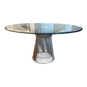 Late 20th Century Platner-Style 50” Round Glass Dining Table With Sculptural Wire Pedestal Base