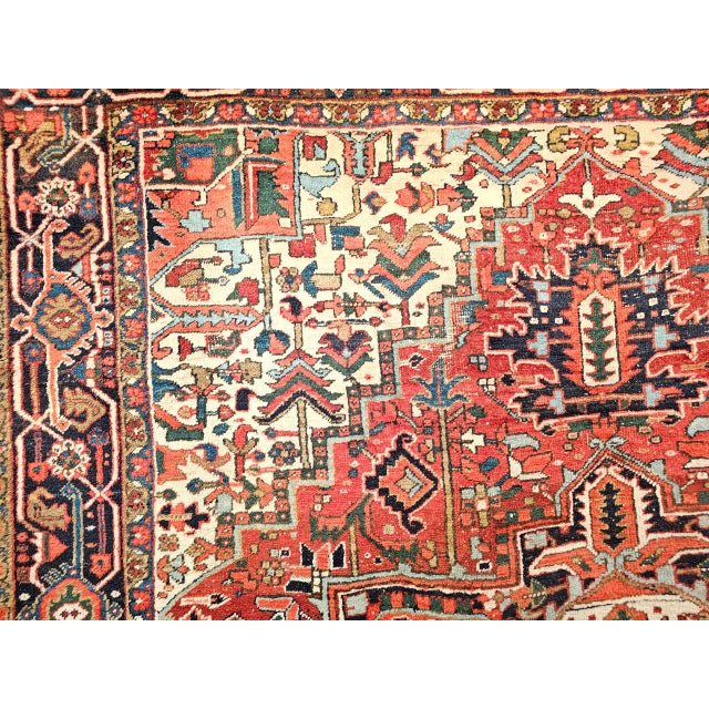 Vintage Persian Heriz Rug, Hand-Knotted Wool, Geometric Medallion Pattern, Red & Navy, 9x11 For Sale - Image 17 of 17