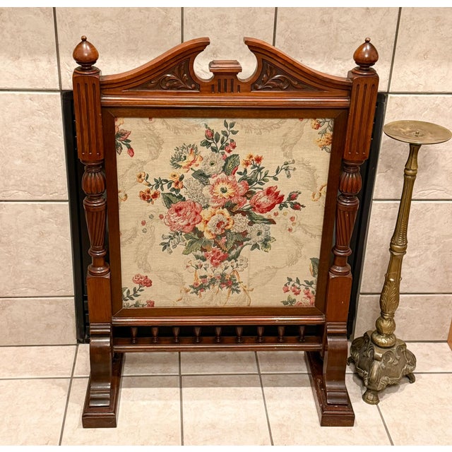 Brown Vintage English Carved Wood Fire Screen With Floral Tapestry Panel For Sale - Image 8 of 9