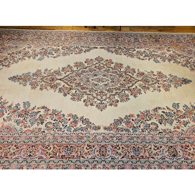 Textile Vintage Oversized Persian Qazvin Area Rug, Hand-Knotted Wool, Floral Medallion, 10x20, Ivory & Blue For Sale - Image 7 of 18