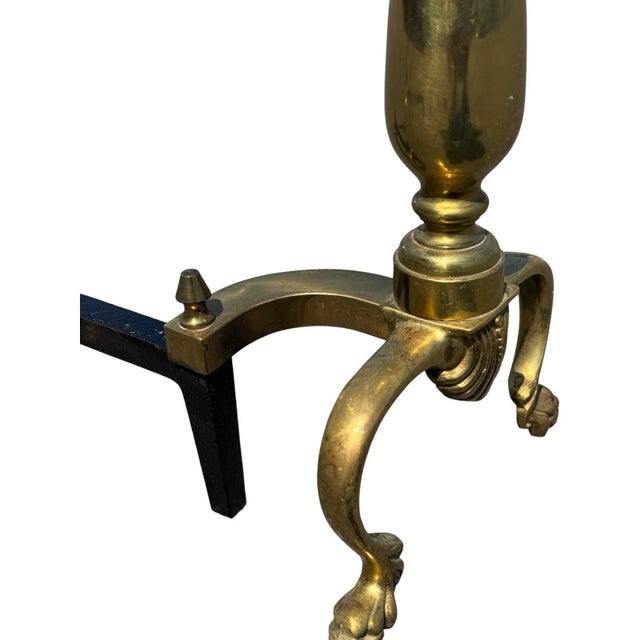 Antique 1920s Brass Fireplace Andirons Pair Refurbished Colonial Hearth Decor For Sale - Image 12 of 18