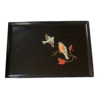 Vintage Mid Century Couroc of Monterey Stone & Brass Inlaid Western Bluebird Tray For Sale