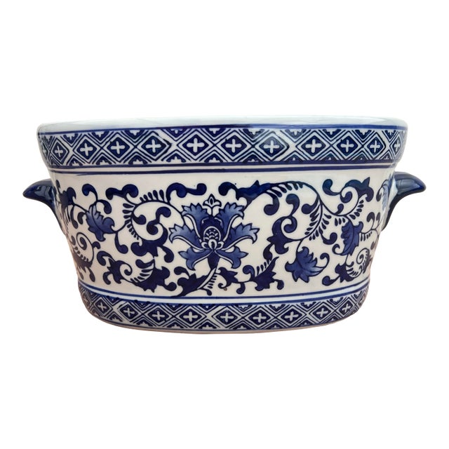 Vintage Blue & White Basin Foot Bath Style Floral Oval Planter For Sale