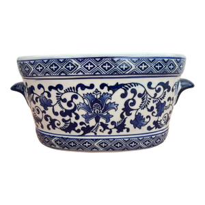 Vintage Blue & White Basin Foot Bath Style Floral Oval Planter