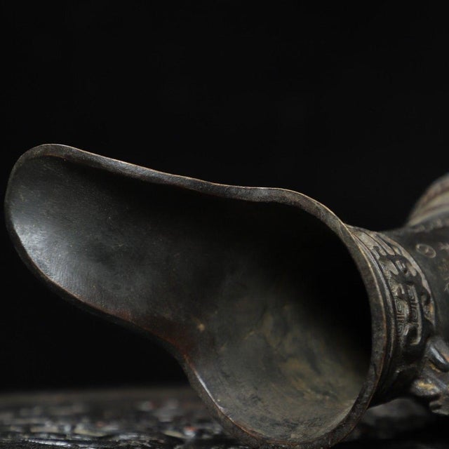 Wine 1960s Chinoiserie Bronze Gilded Palace Wine Cup, Archaic Ritual Tripod Wine Vessel, Decorative Bronze Jue Style Pitcher For Sale - Image 8 of 9