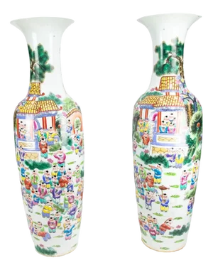 Vintage Chinese Cantonese Canton Porcelain Vases Urns, Set of 2