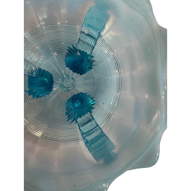Vintage Northwood Glass Bowl Klondyke Blue Opalescent 3 Footed Scroll Candy Dish For Sale In Miami - Image 6 of 6