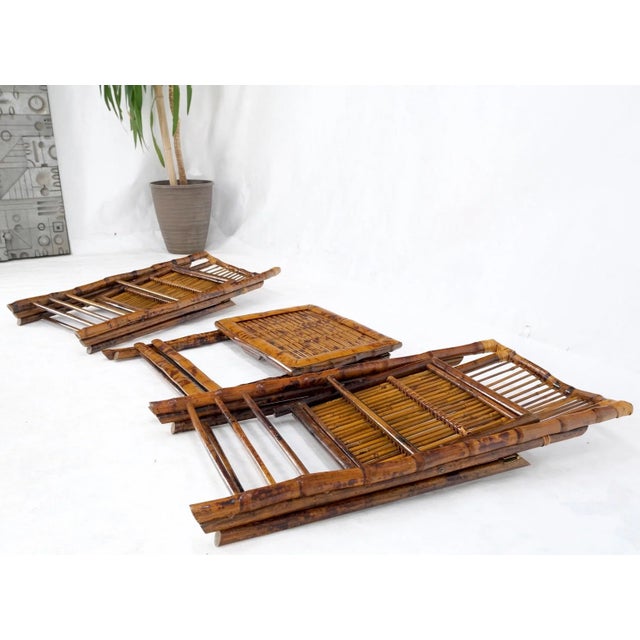 Brown Burnt Bamboo Vintage Folding Cafe Occasional Table w/ Two Matching Chairs Set - 3 Pieces For Sale - Image 8 of 13