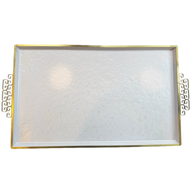 What a find: a fabulous graduated set of three vintage Kyes Moiré Glaze serving trays in luminous pearl white, each framed...