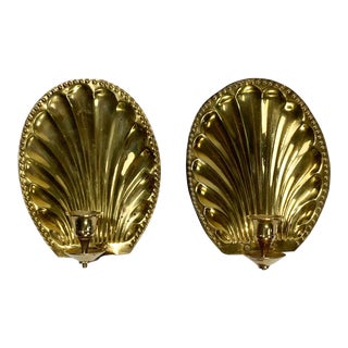 Vintage Brass Shell Motif Wall Candle Sconces, Pair For Sale