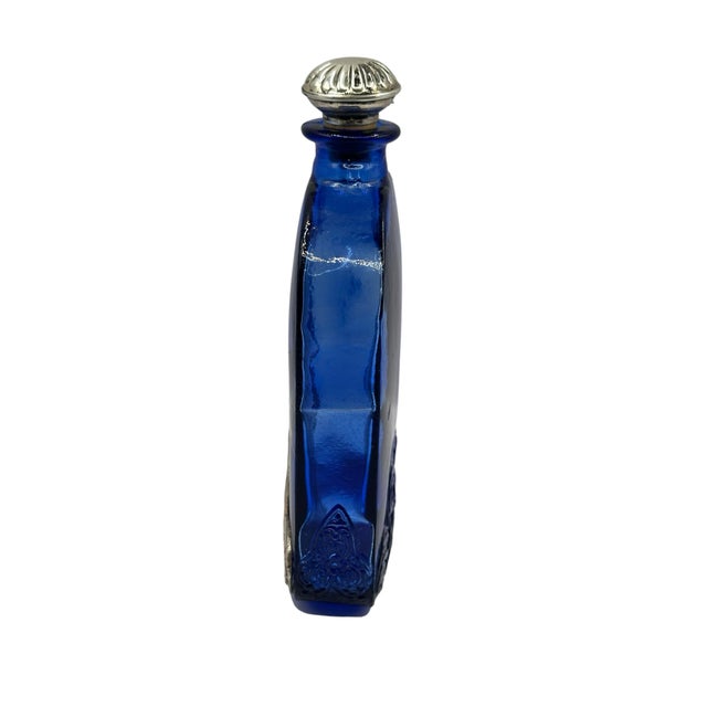Vintage Cobalt Blue Spanish Art Glass Flask With Ornate Embossed Scrollwork Medallion For Sale In Birmingham - Image 6 of 12