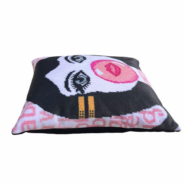 2020s Velvet "Bubble Girl in a Bubblegum World" Feather Down Pillow, Custom, Original For Sale - Image 5 of 6