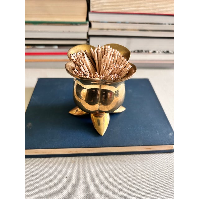 Vintage Solid Brass Flower Match Holder and Toothpick Cup For Sale - Image 4 of 12