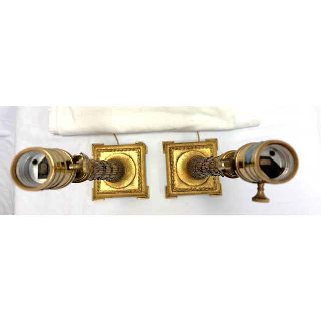 Vintage Hollywood Regency Style Gold Leaf Column Candlestick Lamps- A Pair For Sale - Image 11 of 18