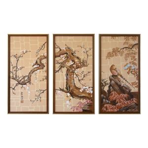 Vintage Japanese Botanical & Birds Triptych Paintings